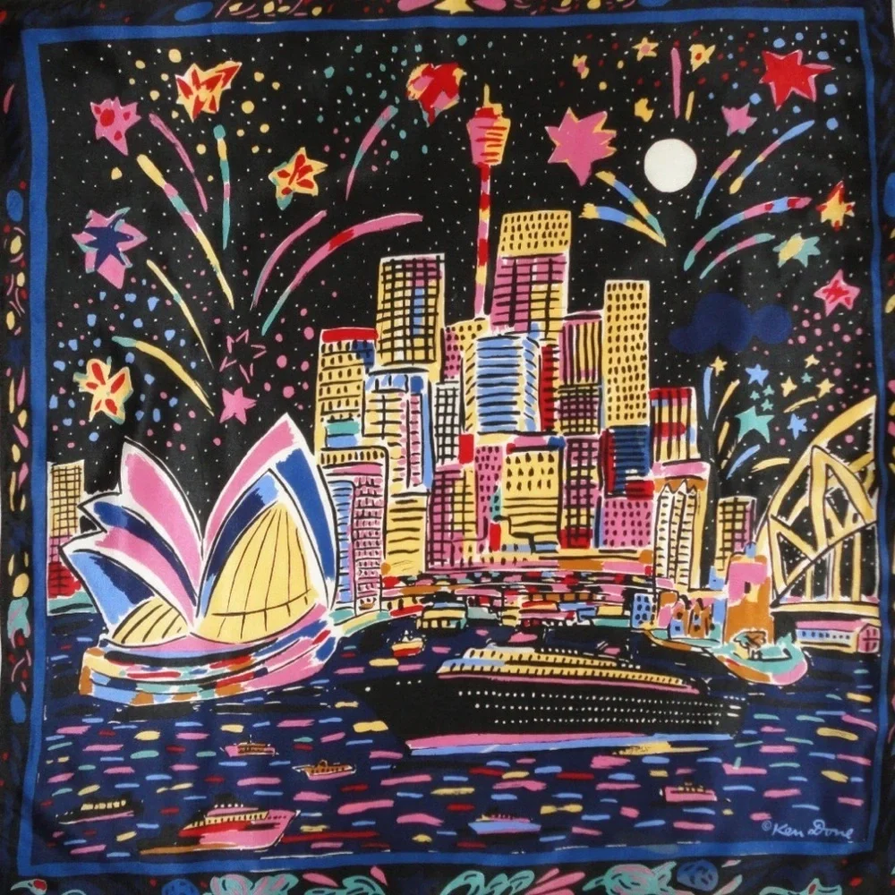 VTG Ken Done Sydney Harbor Night Firework Scarf Art-To-Wear Japan Colorful 24x24